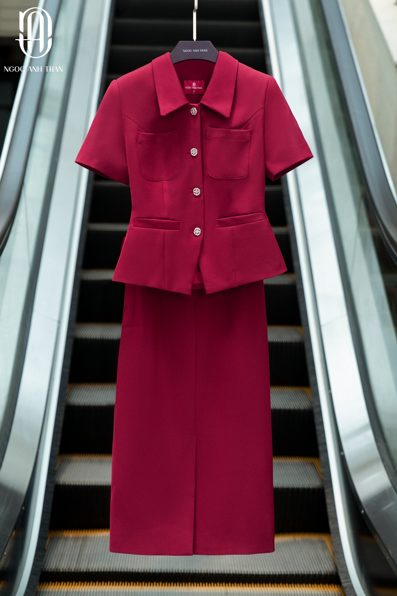 Set A171 HỒNG LAM - Áo kiểu chân váy hồng maroon