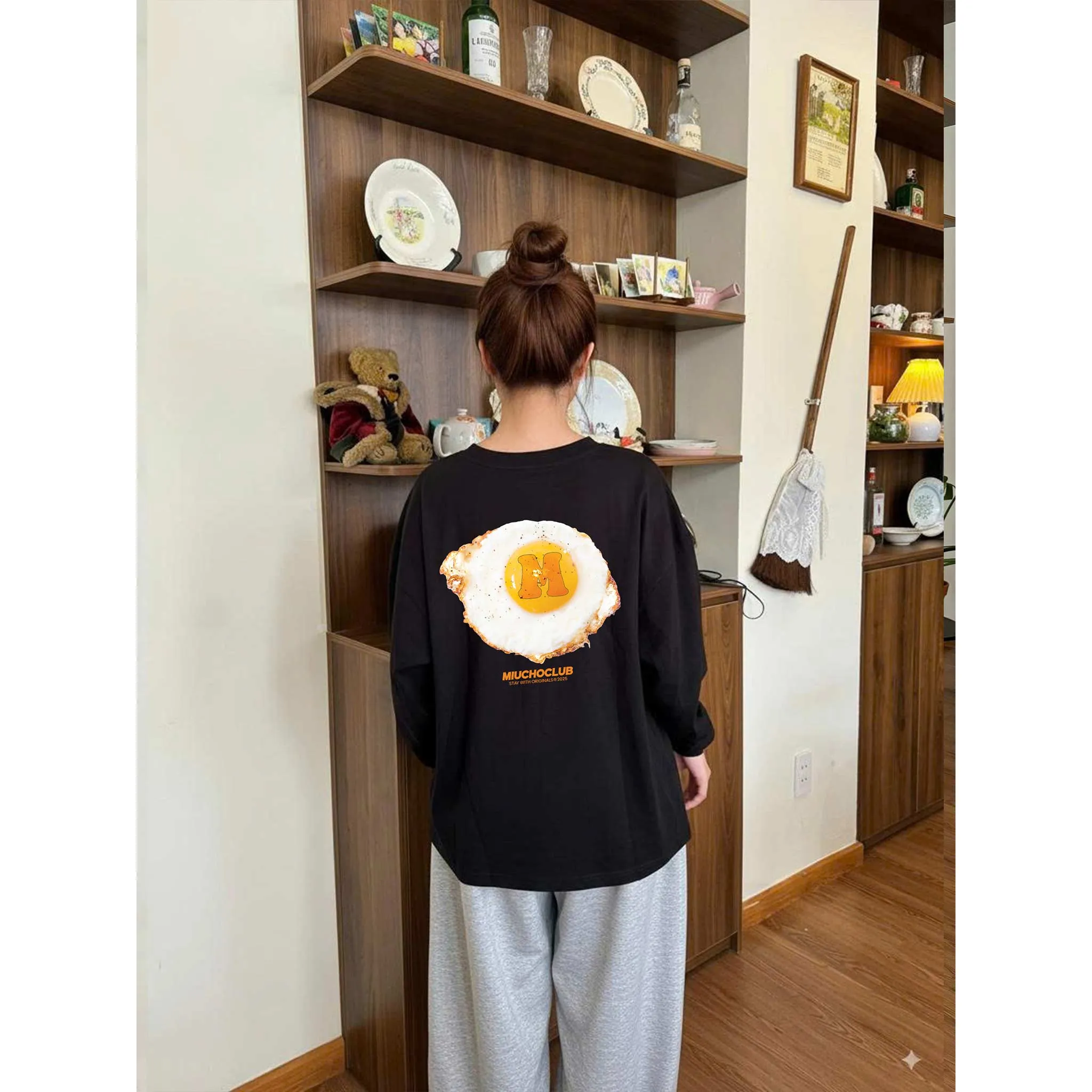 Áo thun boxy nữ tay dài hình trứng ốp la 2642 Miucho vải cotton co giãn 2c thoáng mát in mix_thumbnail_5