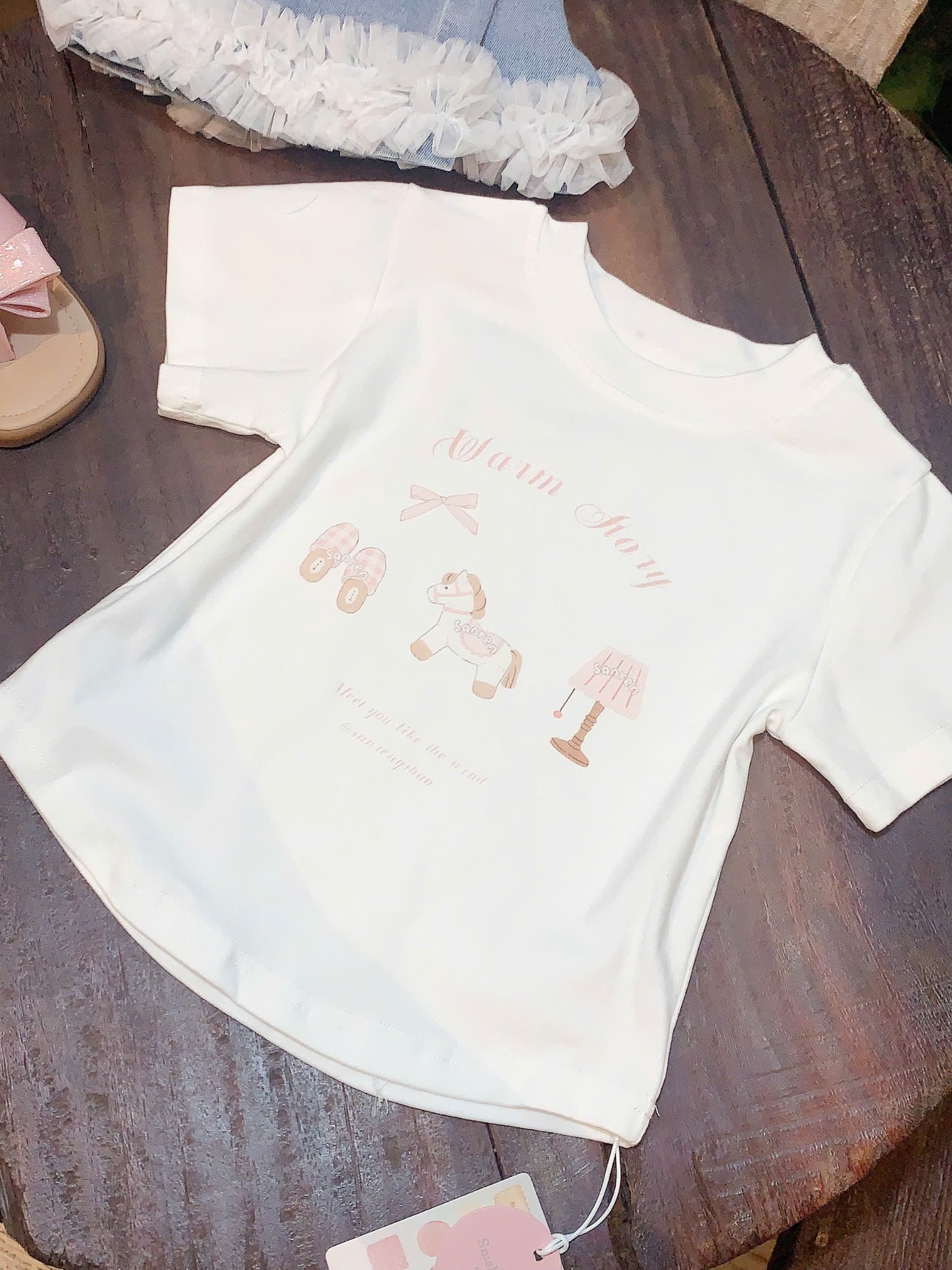 A11 - Áo thun trắng in hình gấu phối tay ngắn hãng SMC (Sz90-130)