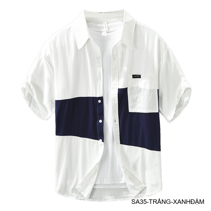SA35 - Áo Sơ Mi Nam Tay Ngắn Phong Cách Nhật Bản, Chất Liệu Bông 100%, Thiết Kế Phối Màu Trẻ Trung_thumbnail_7