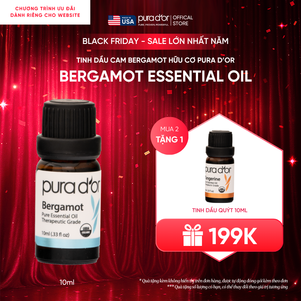 Tinh Dầu Cam Bergamot Hữu Cơ Pura D'or Therapeutic Grade Bergamot Essential Oil 10ml
