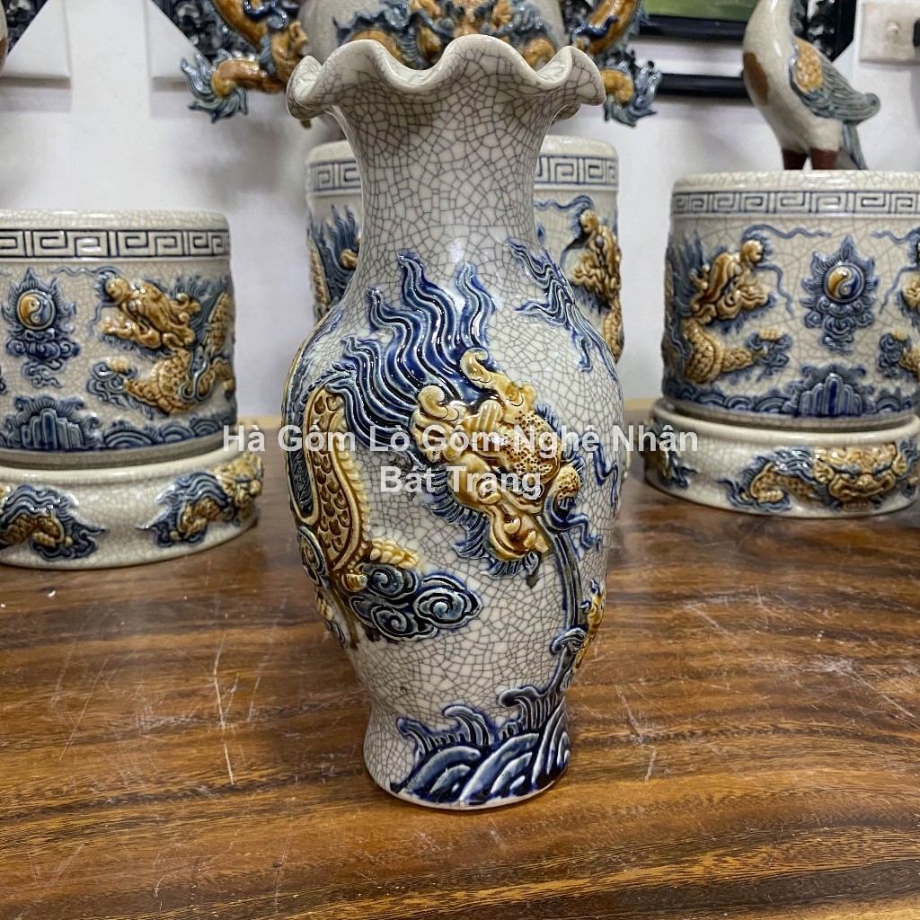 Lọ Hoa Thờ Cúng Lượn Chim Công Hoa Đào - Tài Lộc Phú Quý 26cm, 32cm- Men Rạn Gốm Sứ Bát Tràng_thumbnail_3