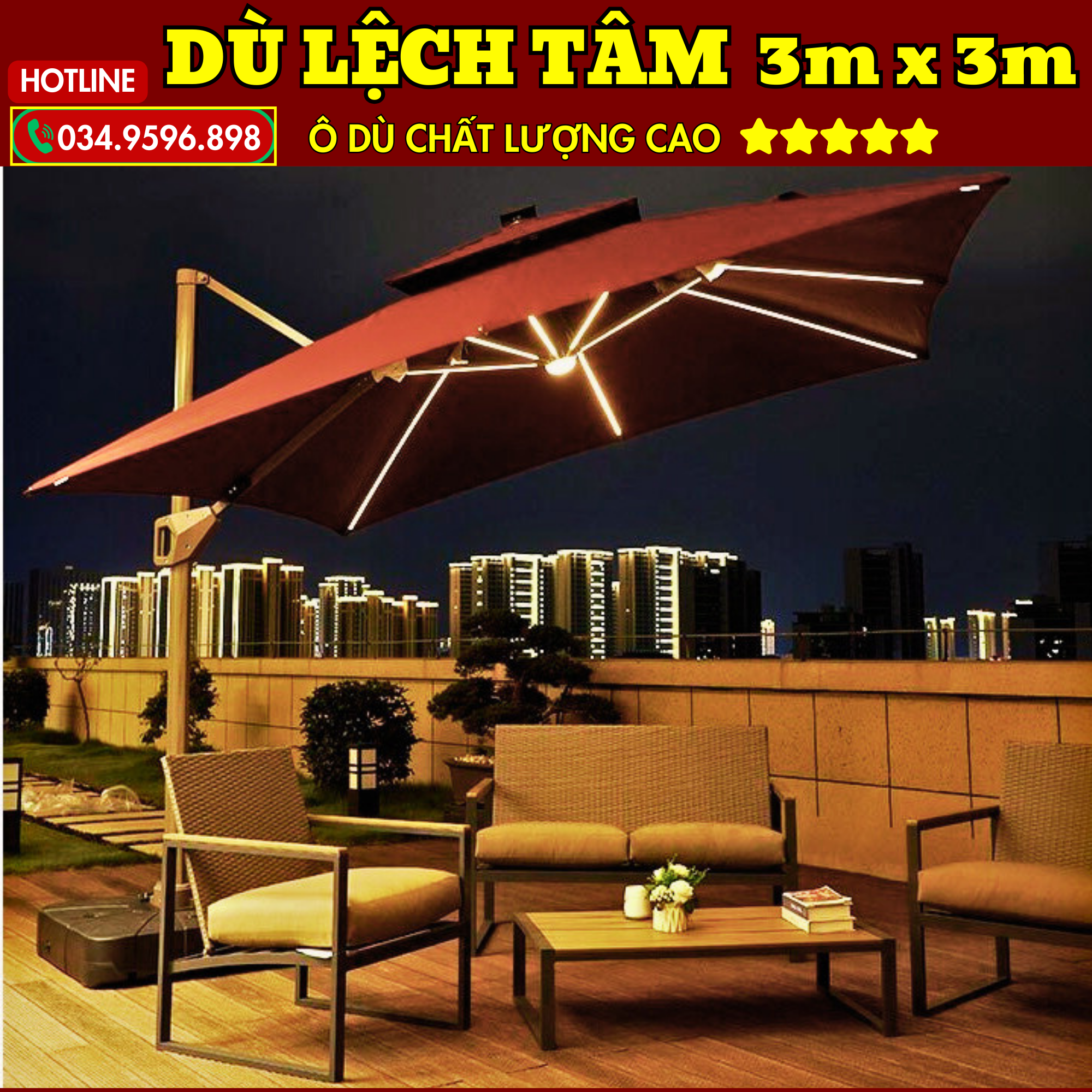 ô dù lệch tâm 3m x 3m có đèn led thanh