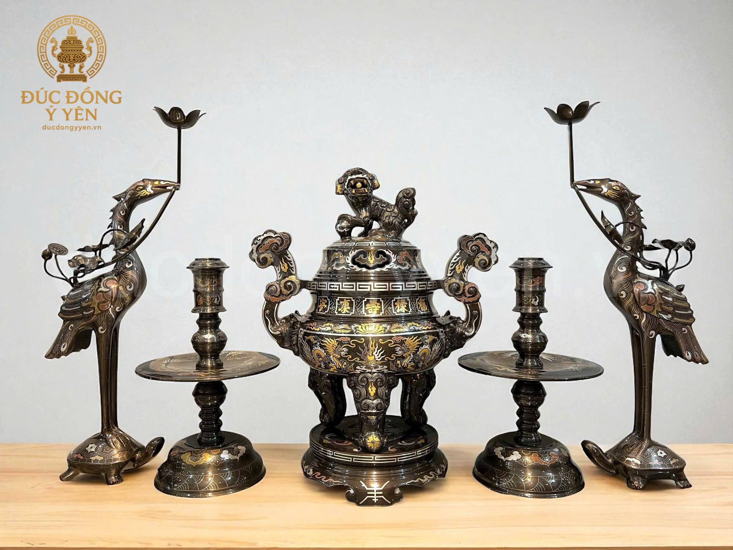 Bộ ngũ sự đúc đồng đỏ khảm ngũ sắc cao cấp cao 50cm