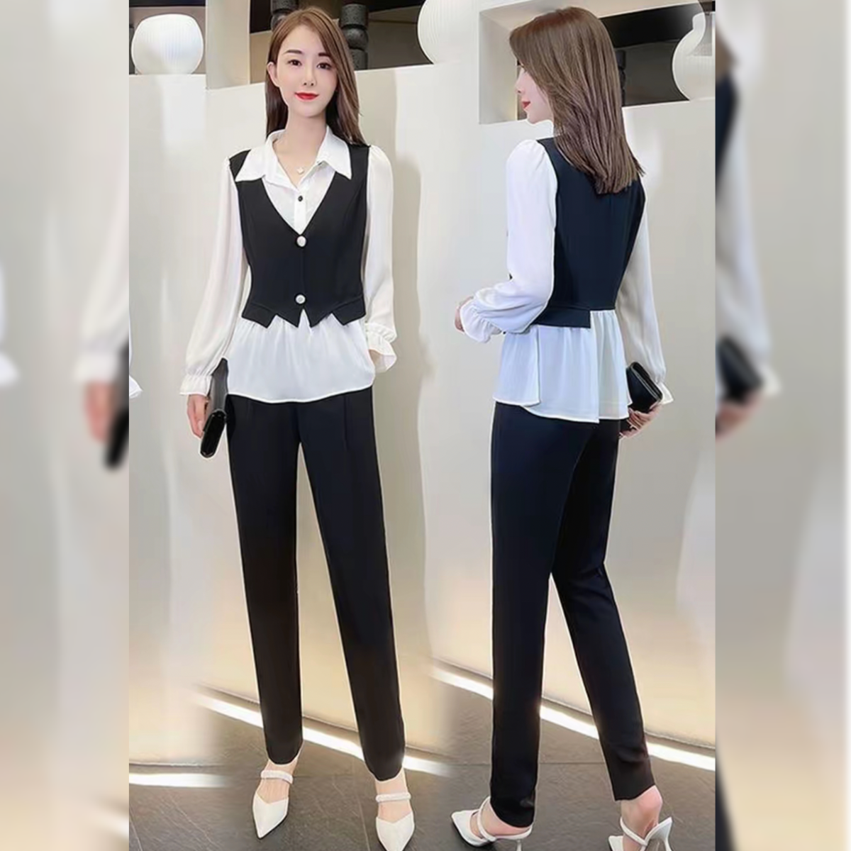 Set bộ áo kiểu Gile quần ống đứng phong cách