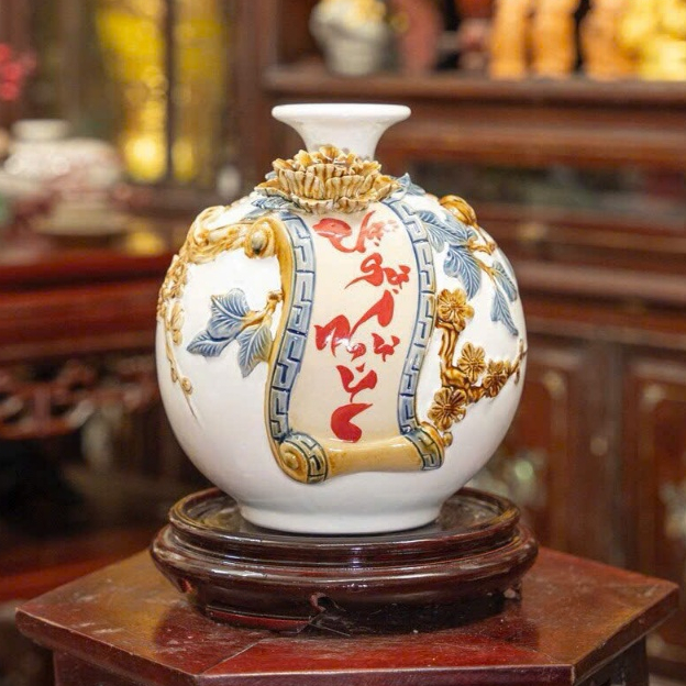 Bình Tài Lộc - Lọ Hoa Hút Lộc Gốm Bát Tràng Bền Đẹp Cao Cấp TẶNG ĐẾ GỖ Họa tiết Thuận Buồm Xuôi Gió_thumbnail_18