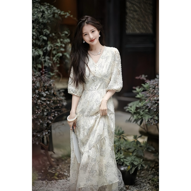 Váy Hồ Điệp cổ tim tay lỡ dáng dài, đầm nữ dáng dài hoạ tiết hồ điệp phong cách tiểu thư Loga_L786_thumbnail_2