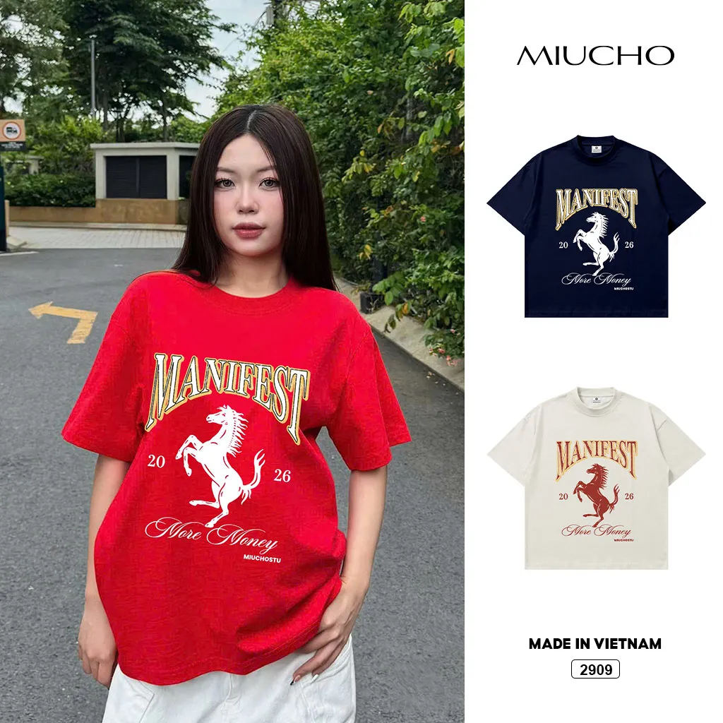 Áo thun boxy Tết Bính Ngọ Miucho vải dày dặn thoáng mát tay ngắn cổ tròn in mix 2909