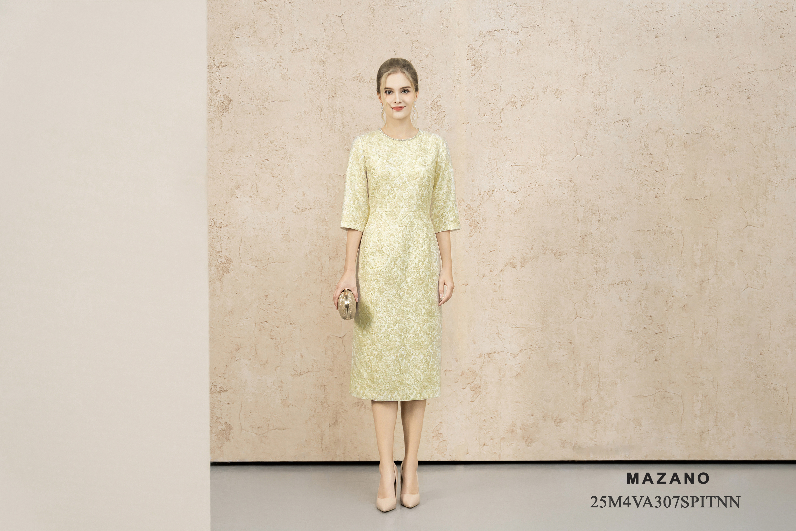 Váy Đầm Suông Vải tweed Hoạ tiết cách điệu Cổ tròn Tay lỡ Dài qua gối