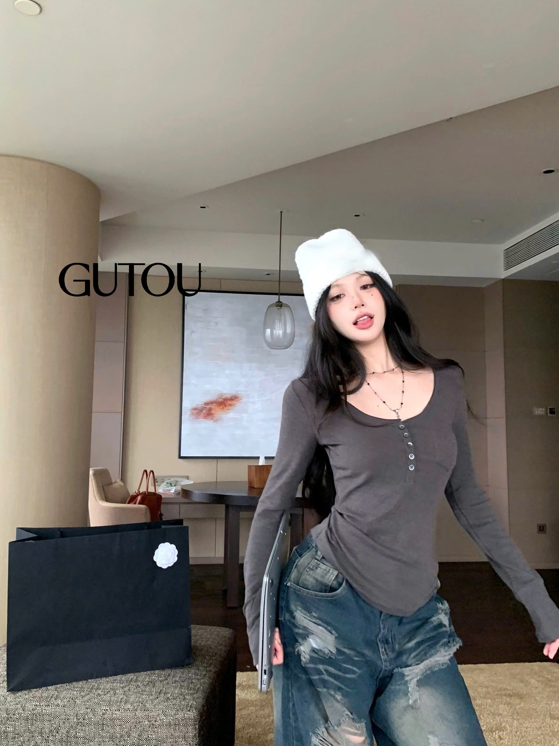 [ GUTOU ] Áo Thun Tay Dài Cài Nút The Henly_thumbnail_5