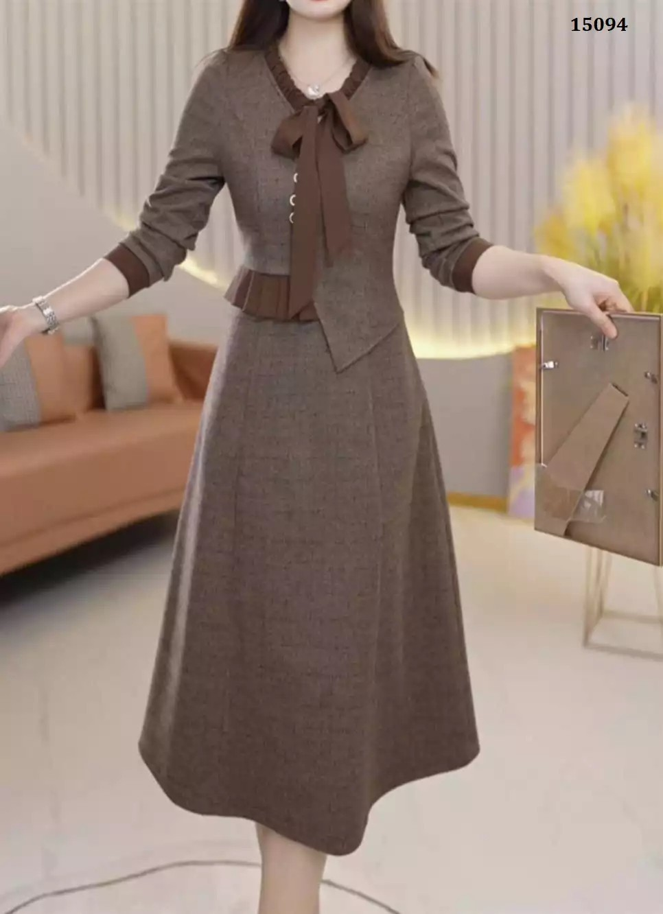 15094-Đầm A vạt lệch cách  điệu cổ kết nơ (linen sọc, giãn nhẹ)_thumbnail_0