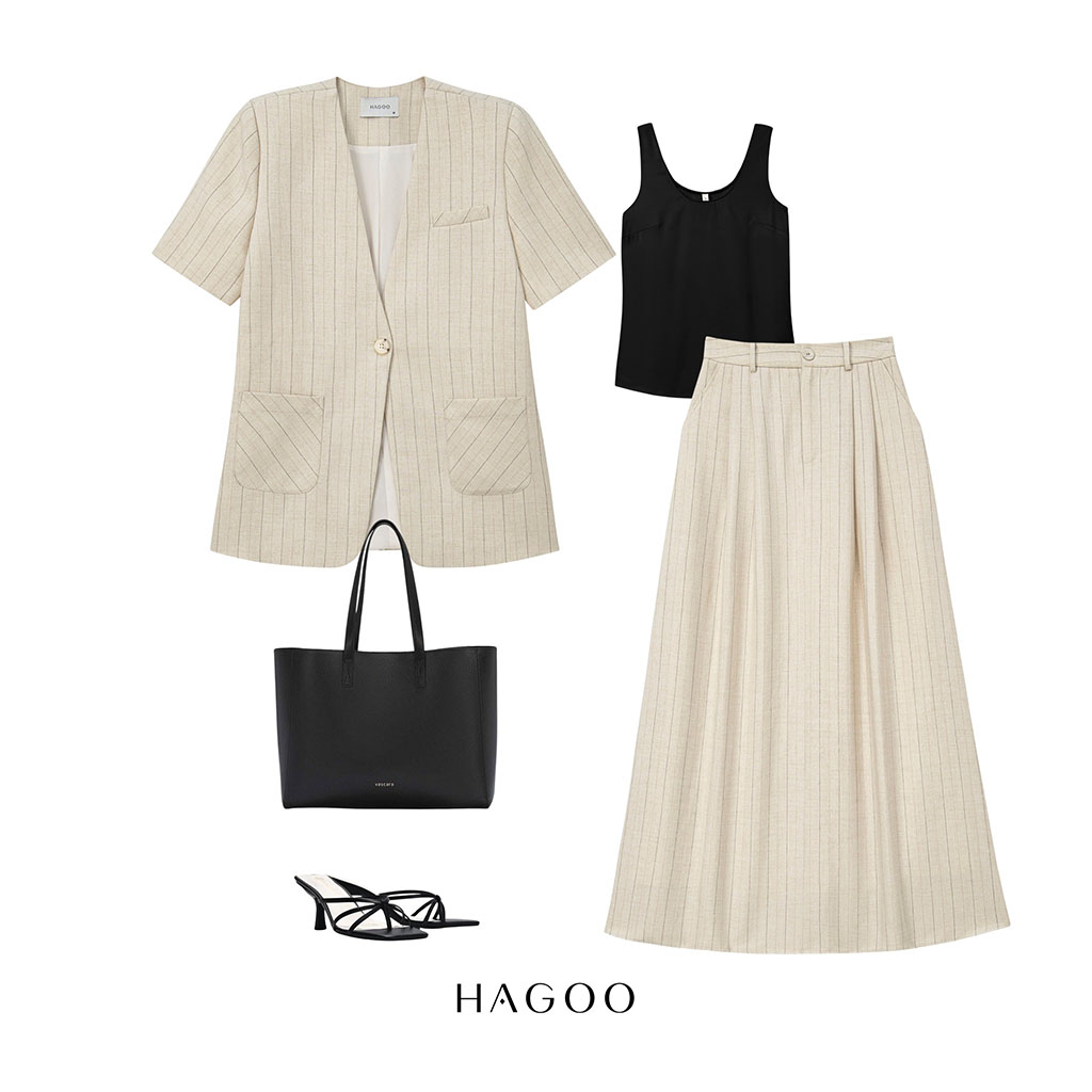 Phối cùng Blazer kẻ sọc cộc tay và Áo ba lỗ cổ U HAGOO