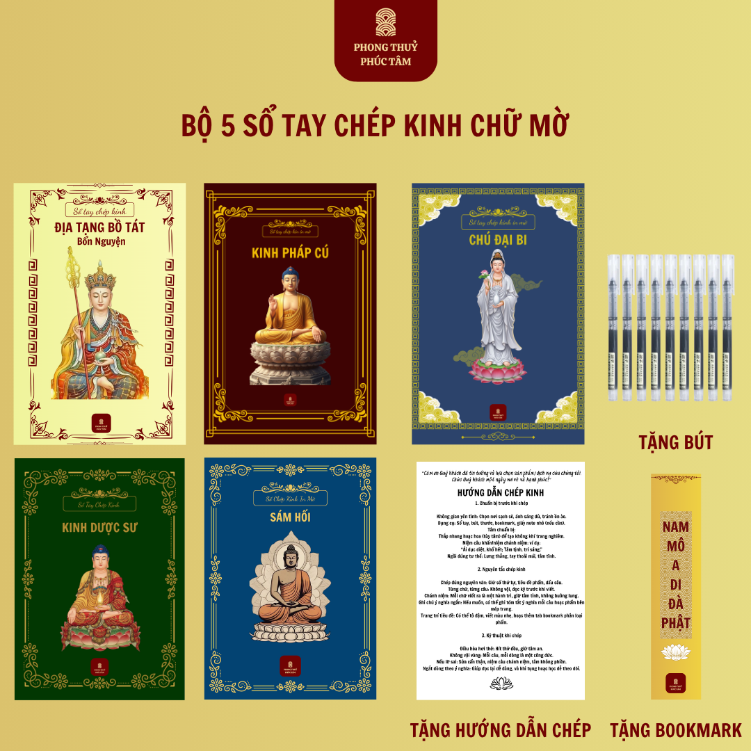 Bộ 5 Sổ Tay Chép Kinh Chữ Mờ: Kinh Địa Tạng, Chú Đại Bi, Sám Hối, Pháp Cú, Dược Sư