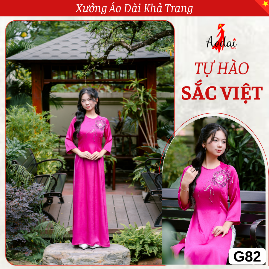 G82 Áo Dài Gấm INDO màu Hồng Sen Thiết Kế Thêu Đính Cườm Sang Trọng, Cổ tròn Tay lỡ