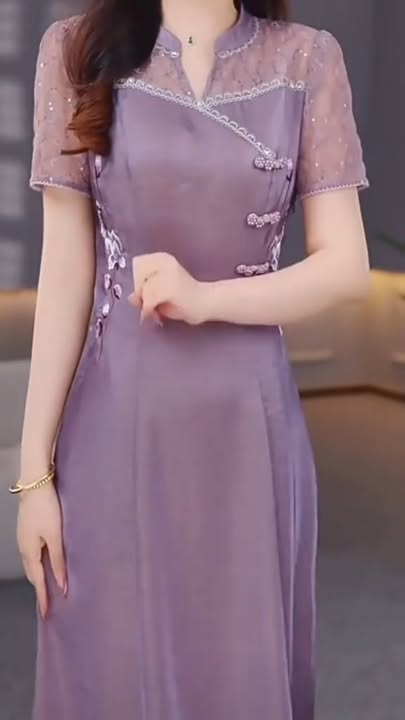 17776-Đầm suông tím ruốc tay ngắn cổ tàu phối ren (lụa, voan)_thumbnail_0