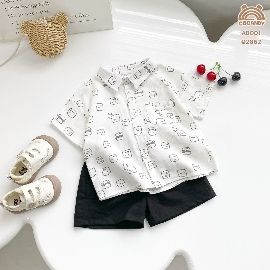 Áo cộc TRẮNG sơ mi họa tiết icon