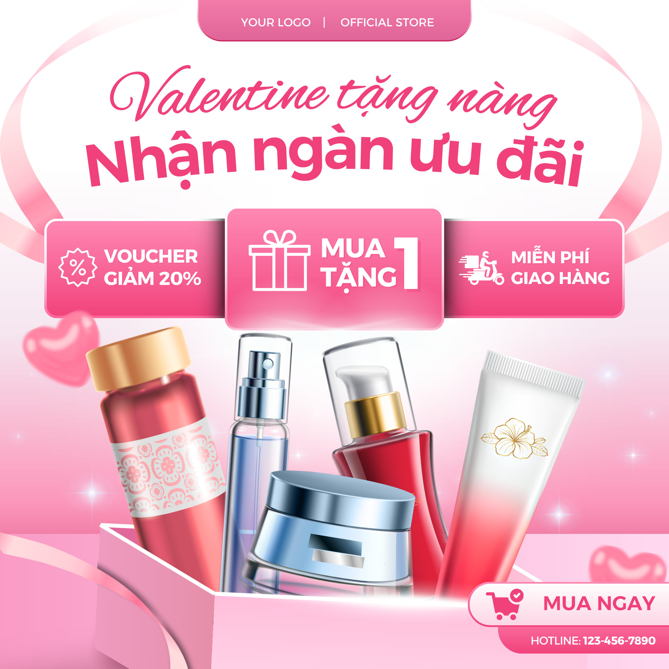 Bài đăng Instagram Sale Khuyến mãi Valentine Mỹ phẩm Làm đẹp Dễ thương Hồng