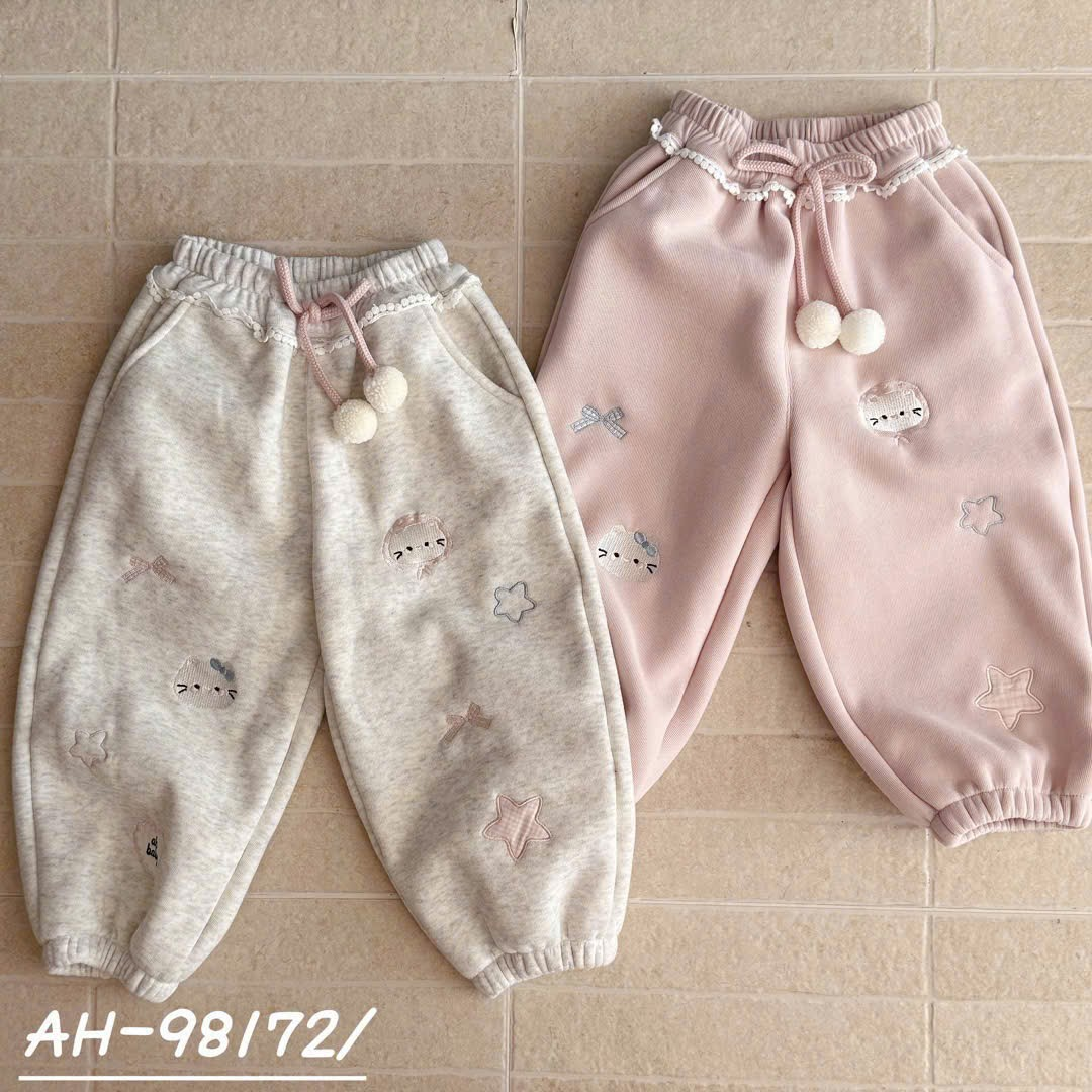 (Q143) Quần nỉ lót bông bo gấu màu ghi và hồng AHA