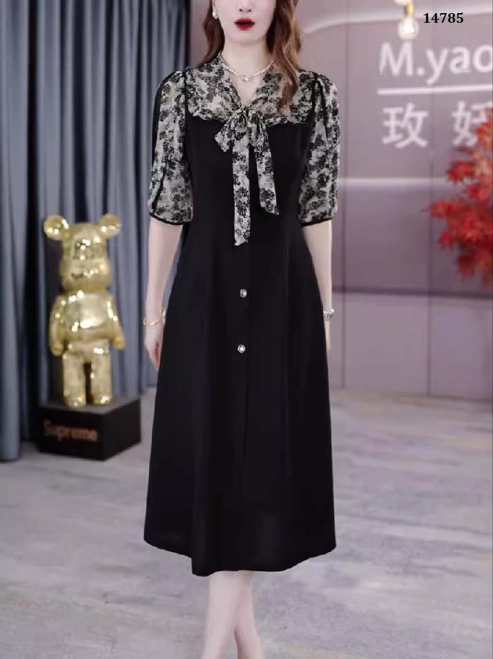 14785-Đầm suông A phối tay voan hoa cổ thắt nơ cách điệu ( poly 2 da, voan)_thumbnail_0