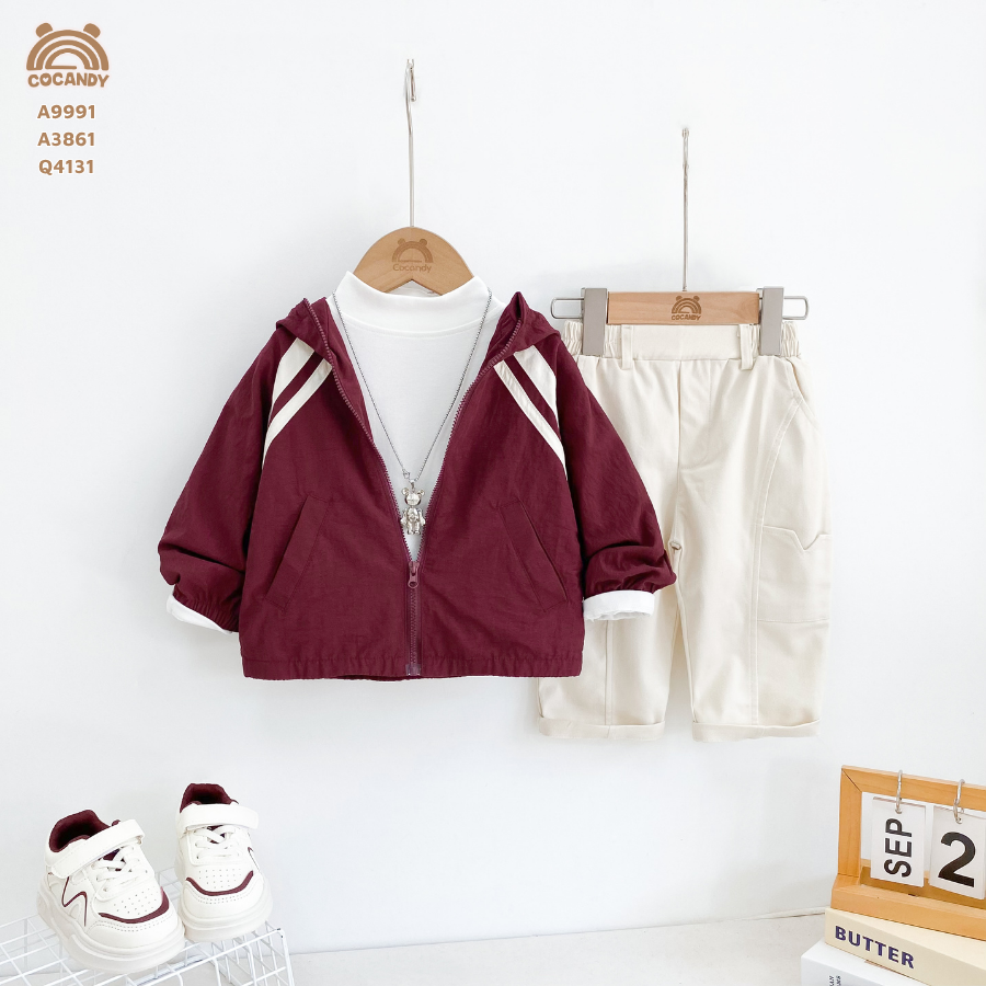 Áo khoác gió ĐỎ phối nẹp be