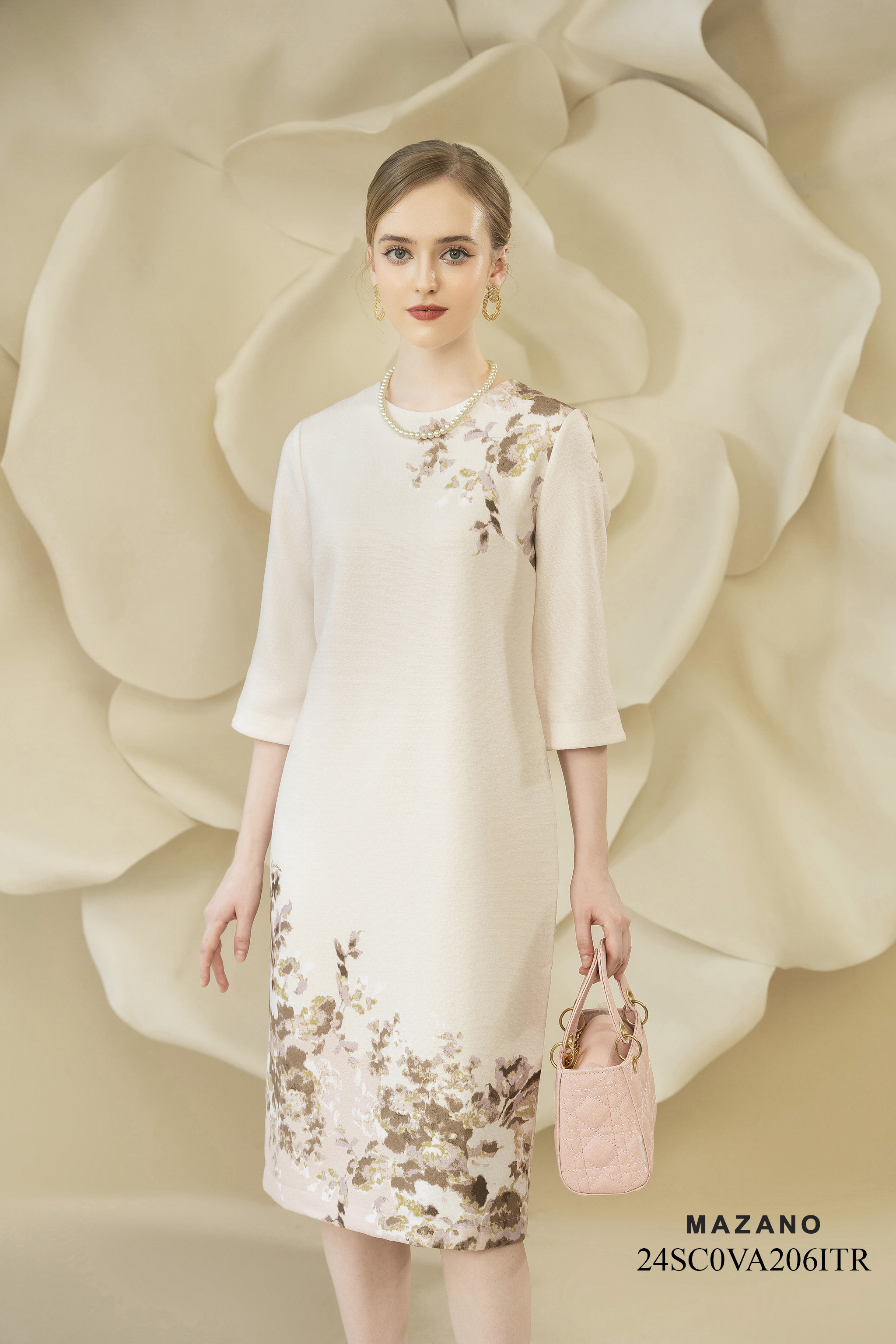 Váy Đầm Suông Vải dạ tweed Hoạ tiết hoa cách điệu Cổ tròn Tay lỡ Dài qua gối_thumbnail_1