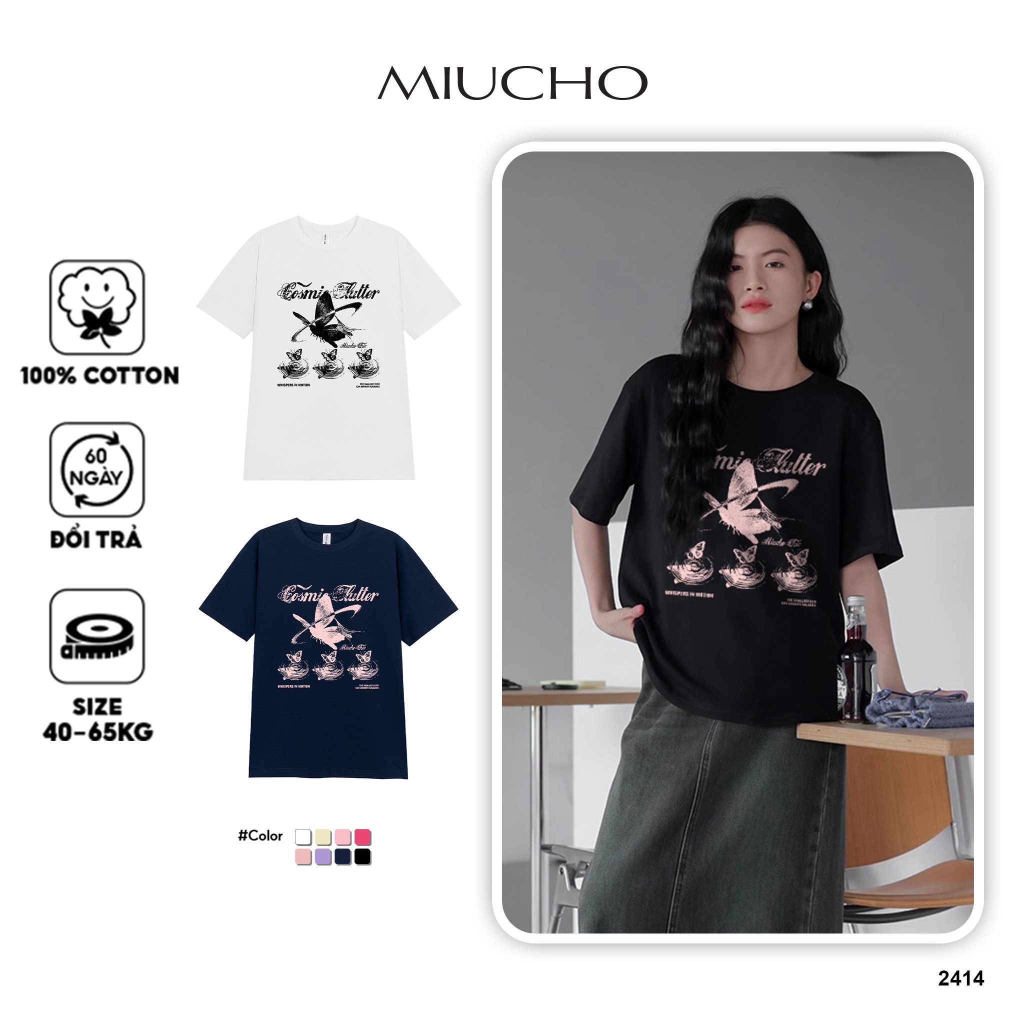Áo thun nữ form vừa regular ARD2414 Miucho Chic phong cách cổ điển chất liệu cotton thoáng mát