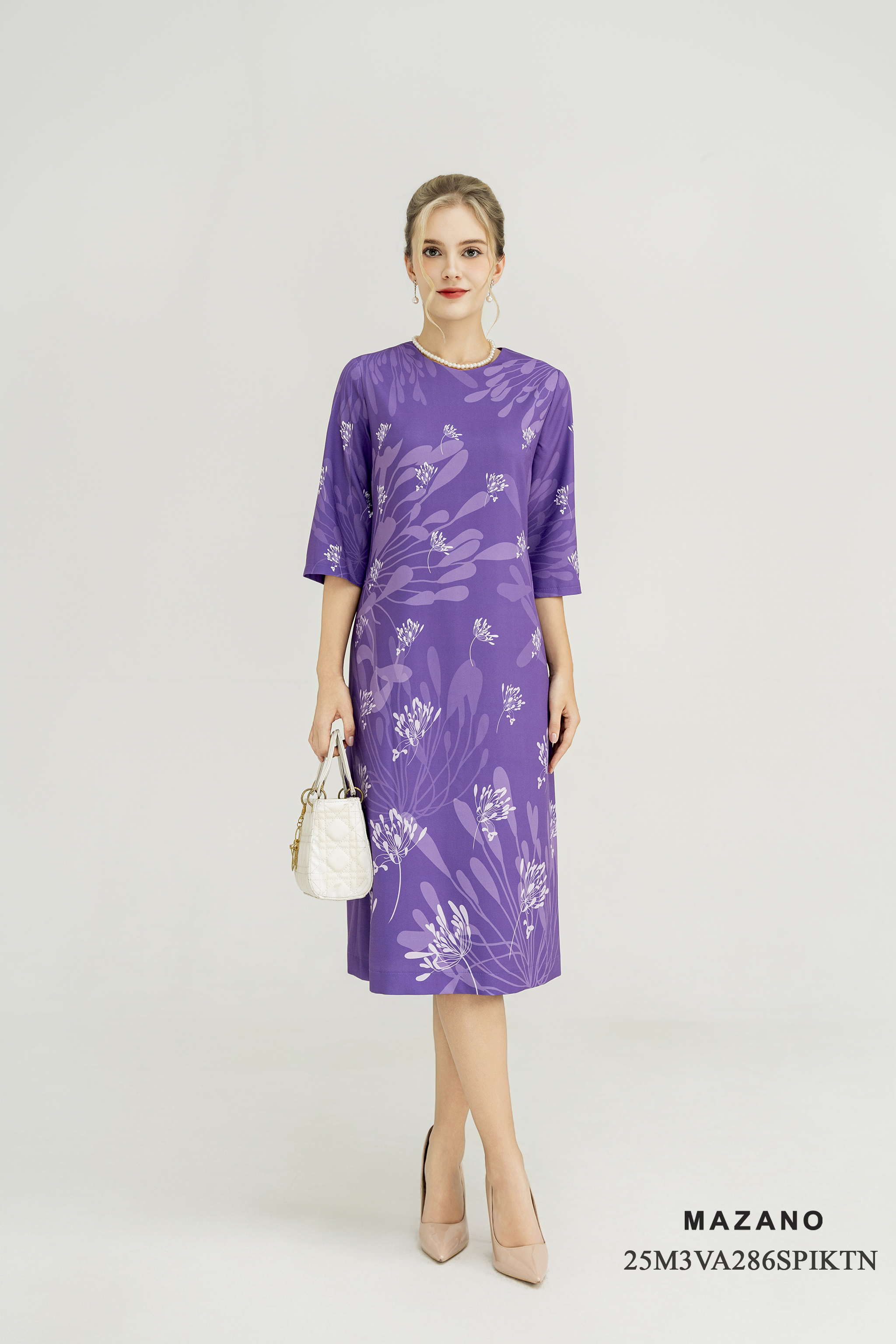 Váy Đầm Suông Vải thô dày Hoạ tiết cách điệu Cổ tròn Tay ngắn Dài qua bắp chân