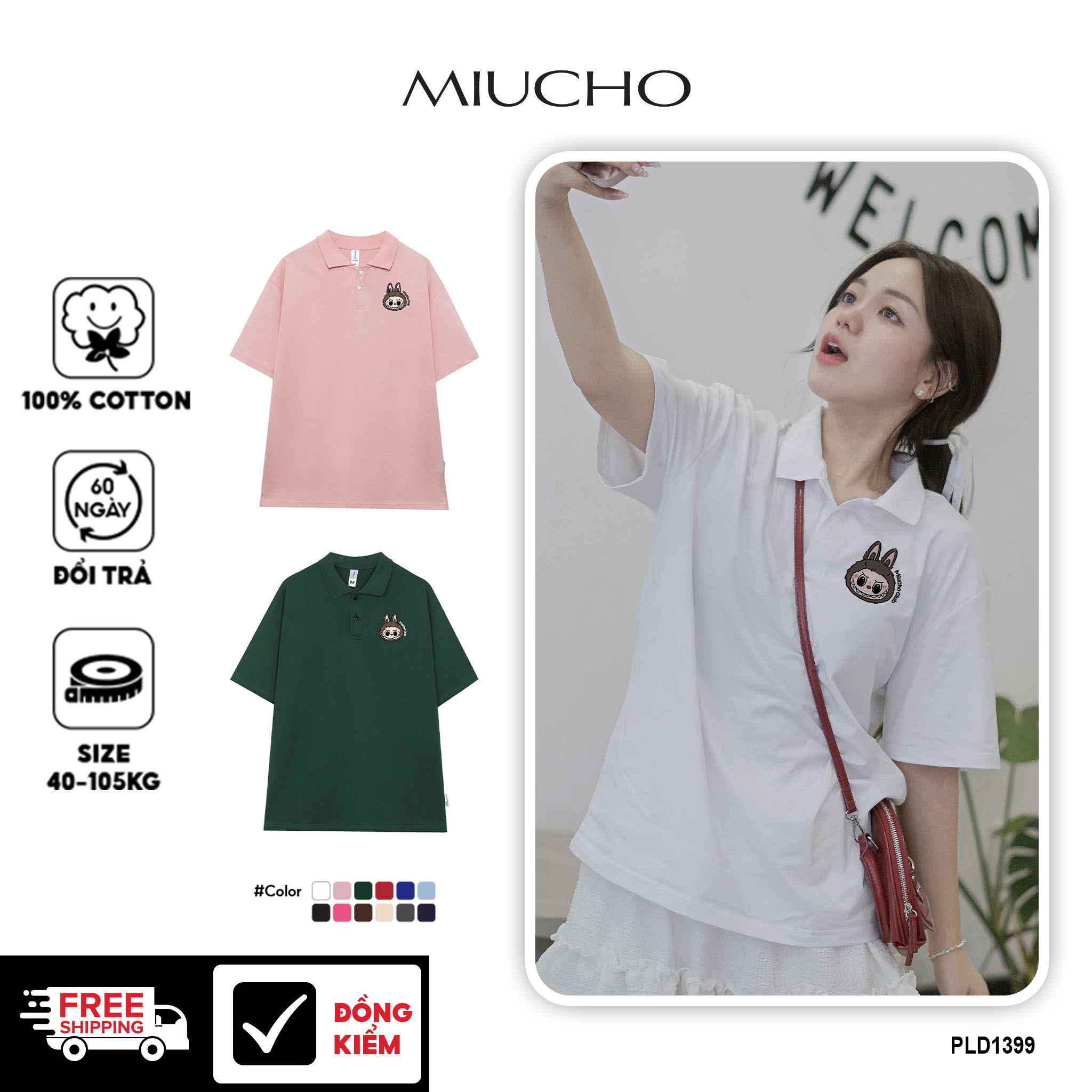 Áo polo labubu form rộng unisex PLD1399 Miucho tay ngắn vải cotton co giản cổ trụ in basic