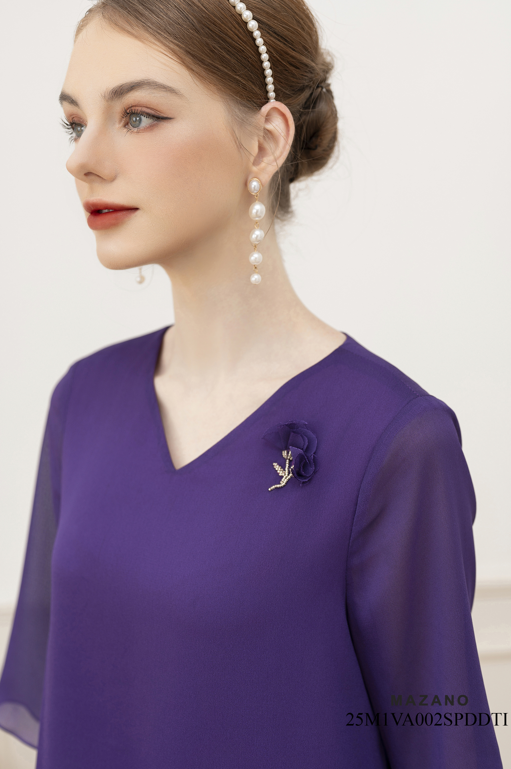 Váy Đầm Suông Vải voan Đính hoa thủ công Cổ V Tay lỡ Dài qua gối_thumbnail_4