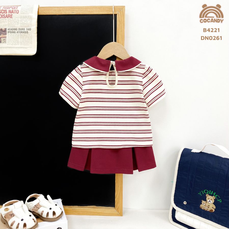 Bộ cộc kẻ ĐỎ cổ nơ + chân váy chữ A_thumbnail_1