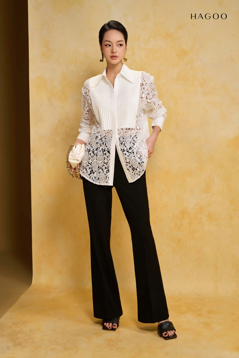 Áo sơ mi ren phối dập ly HAGOO