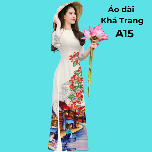 Áo dài Trắng Hoa Phượng A15 Cổ Tròn tay lỡ in Hoa Phượng Phố Cổ
