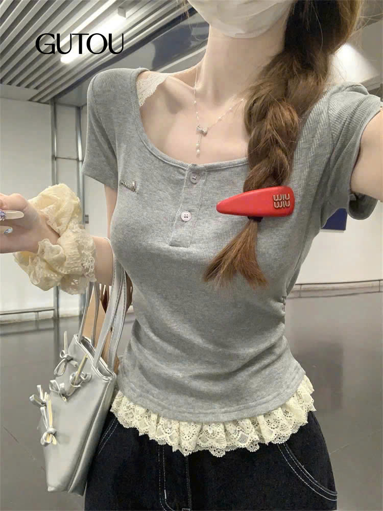 [GUTOU] Áo thun gân tăm phối ren cổ vuông_thumbnail_11