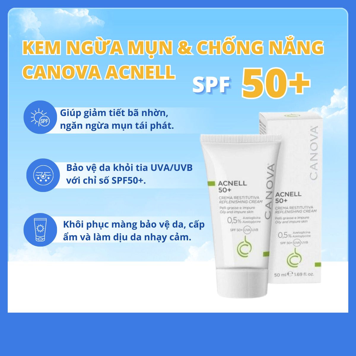 Kem Ngừa Mụn & Chống Nắng Canova Acnell 50+ 50ml – Kiểm Soát Nhờn và Bảo Vệ Da_thumbnail_1