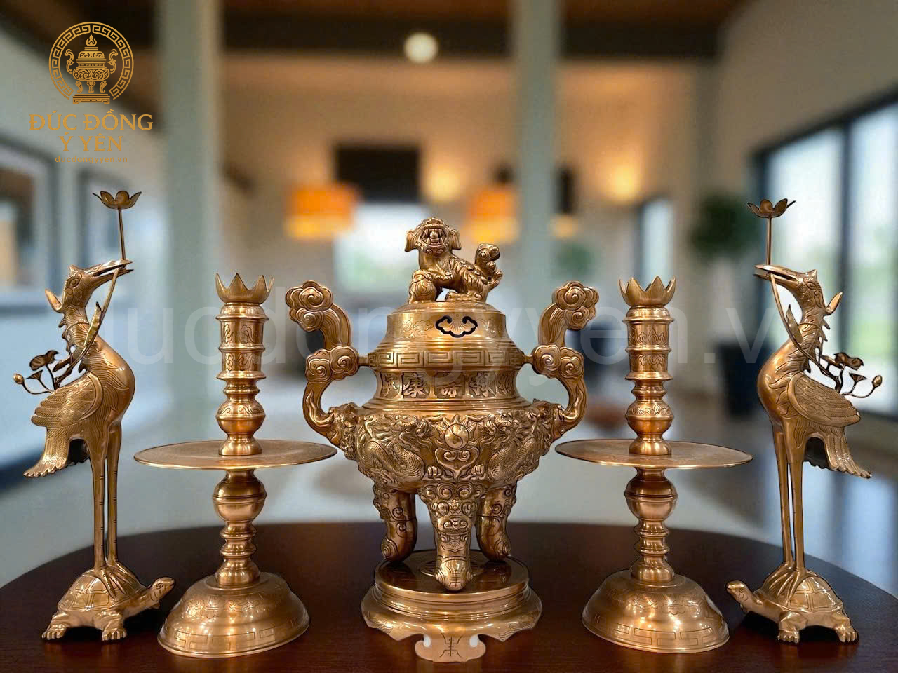 Bộ đỉnh thờ đúc đồng đỏ rồng nổi đúc liền nguyên khối