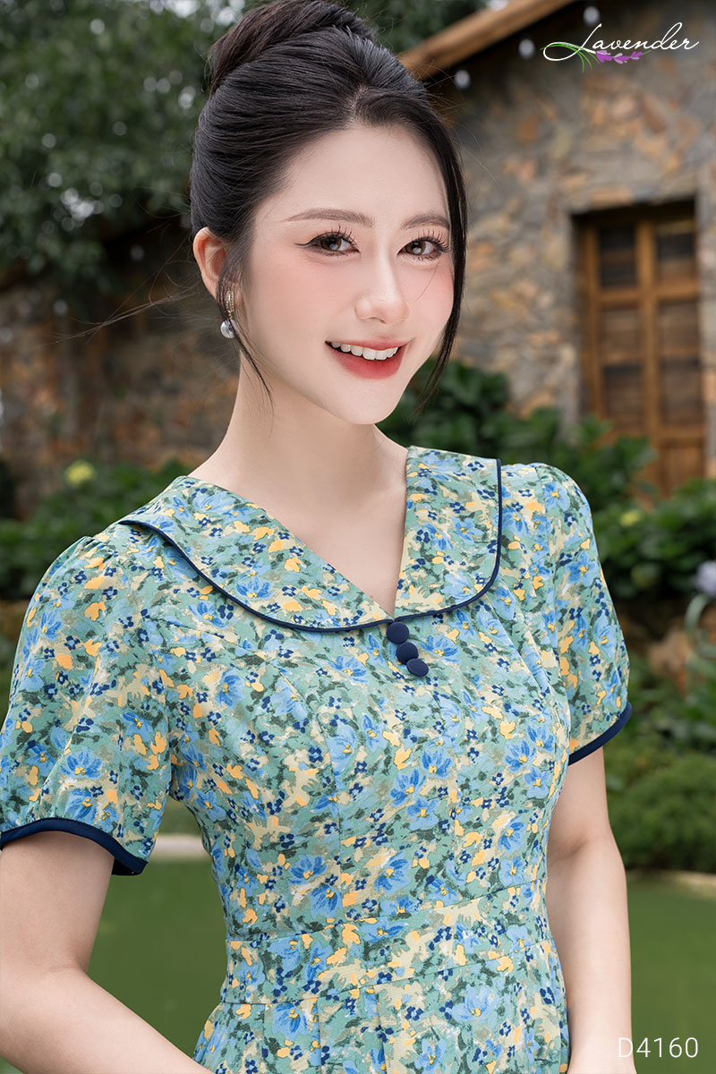 Đầm hoa xanh cổ bèo dáng xèo lụa mịn D4160_thumbnail_2