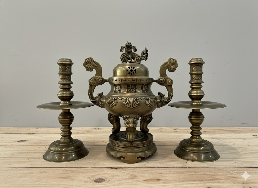 Bộ đỉnh thờ ngũ sự cao 50cm hoa văn sòi hun giả cổ đúc đồng vàng thau nguyên chất_thumbnail_0