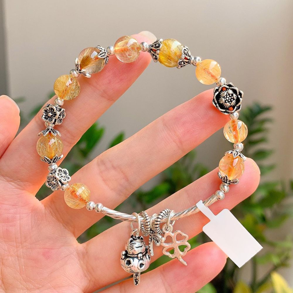 PT206 - Vòng thạch anh tóc vàng mix mèo thần tài may mắn