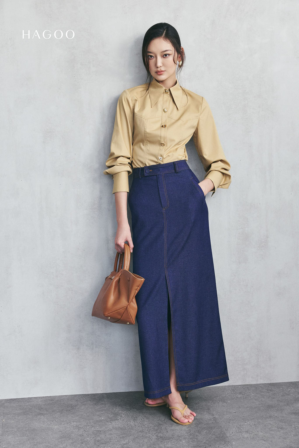 Chân váy Denim suông cạp bản to HAGOO_thumbnail_0