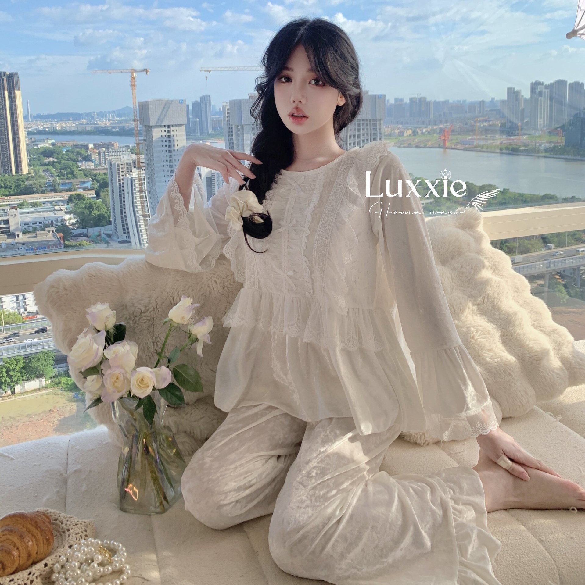 NHUNG27 Bộ ngủ nhung hồng phối ren xếp ly ngực_thumbnail_6