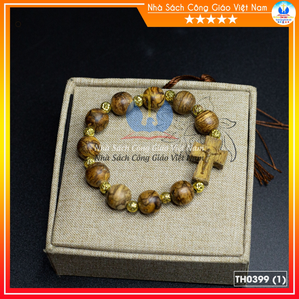 Vòng Mân Côi Thánh Giá trầm tốc kiến 12ly mix bi vàng Quà tặng Công Giáo - TH0399_thumbnail_1