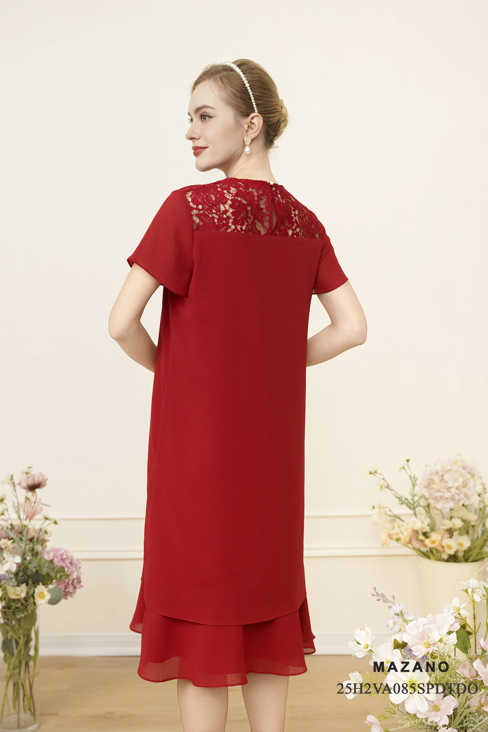 Váy Đầm suông A Vải voan phối ren ngực Đính trang trí Cổ tròn Tay ngắn Dài váy qua gối_thumbnail_3