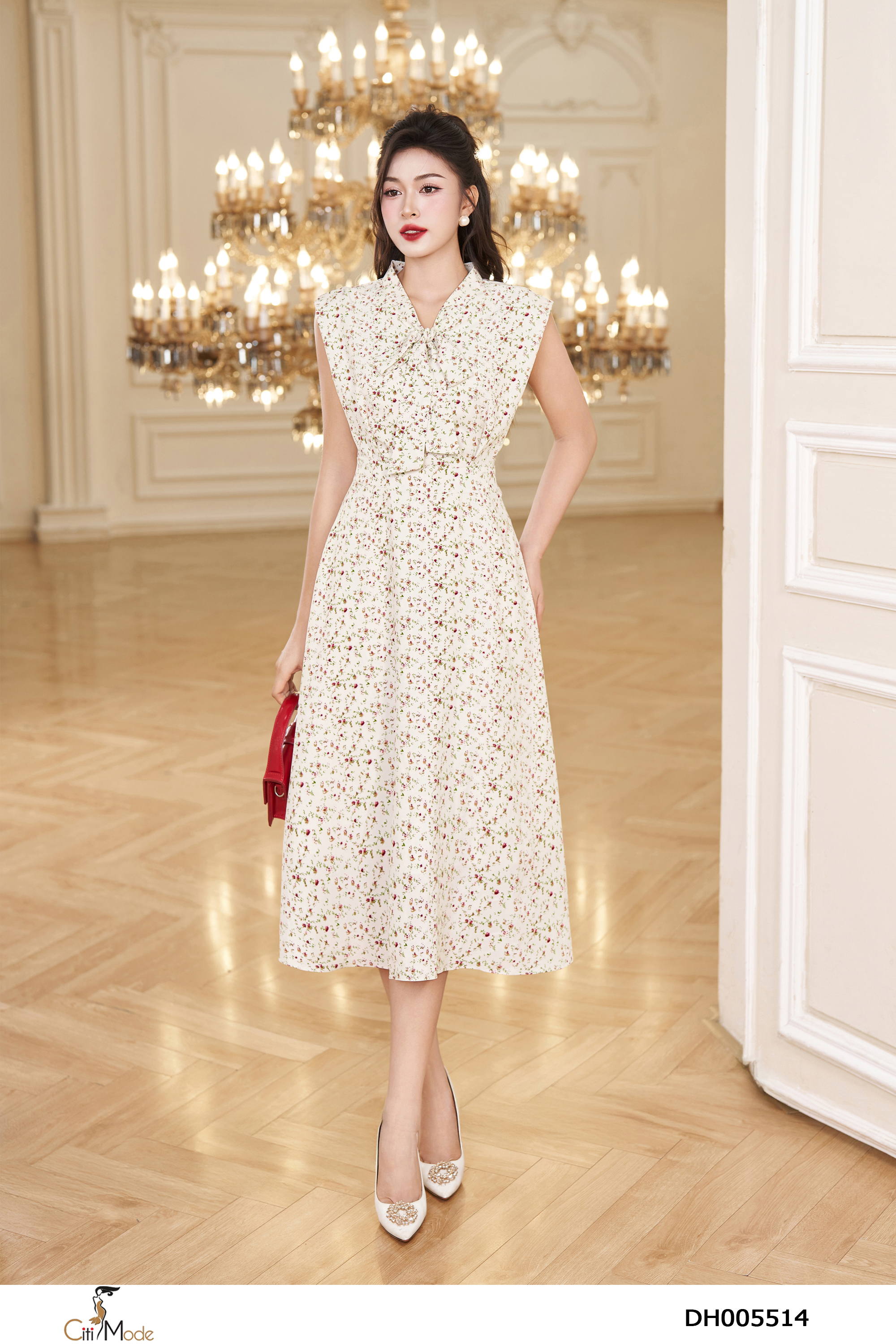 Đầm hoa nhí trắng nâu tay chờm cổ thắt nơ_thumbnail_3