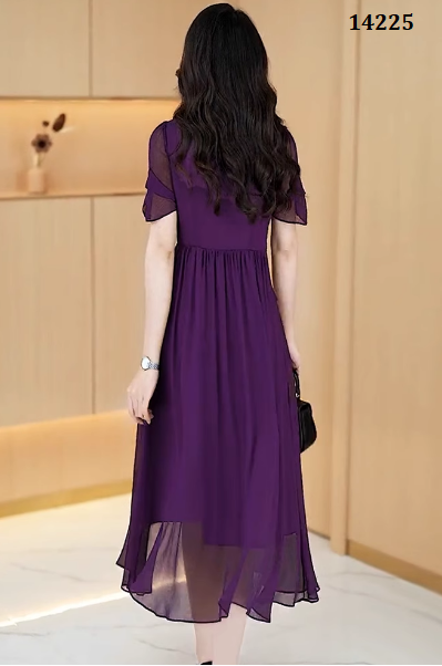 14225-Đầm Tím xòe kiểu peplum kết hoa tay  loe  cách điệu (voan sọc, lót)_thumbnail_3