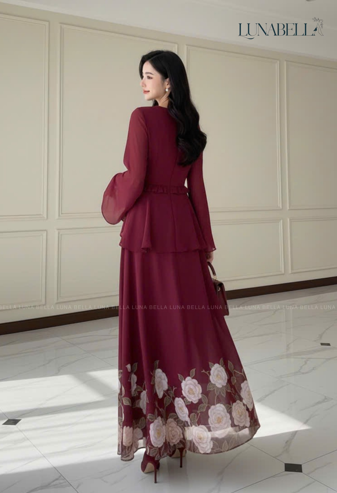 Đầm tơ tay kiểu AVELINE màu ĐỎ