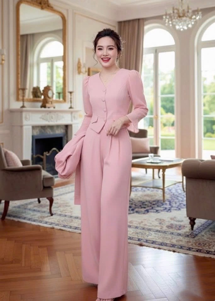 Set bộ áo kiểu cổ V cổ điển phối tay lỡ quần ống rộng