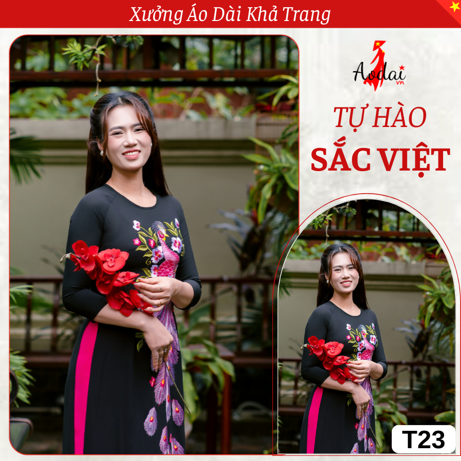 T23 Áo Dài Màu Đen Thêu Công Hồng Sen Cổ Tròn Tay Lỡ_thumbnail_8