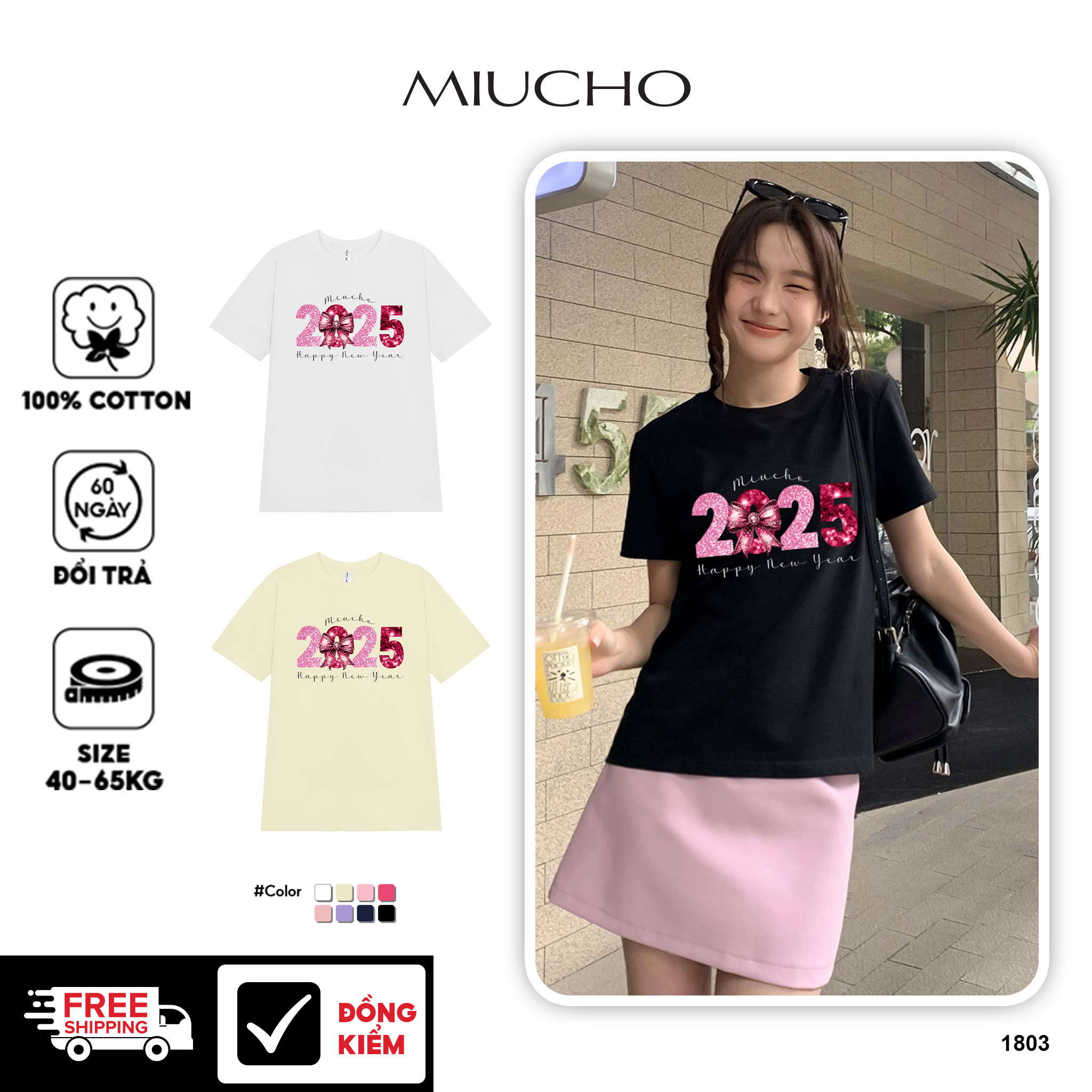 Áo thun nữ tết 2025 form vừa regular vải cotton 4c thoáng mát 1803 Miucho in graphic