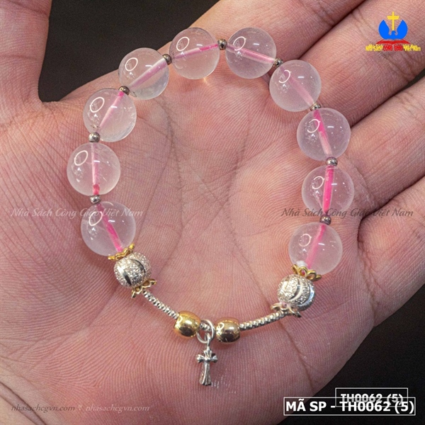 Vòng mân côi đá thạch anh trắng 12ly mix cham bạc thái