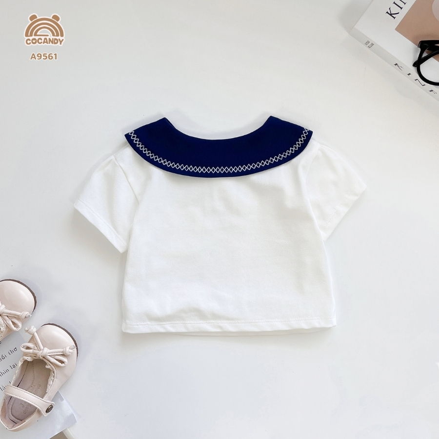 Áo cộc polo  TRẮNG cổ sen xanh than phối nơ_thumbnail_2